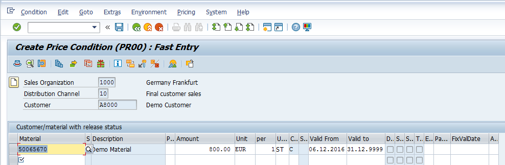 Pricing Conditions Master Data - Entry Screen (Example Data)