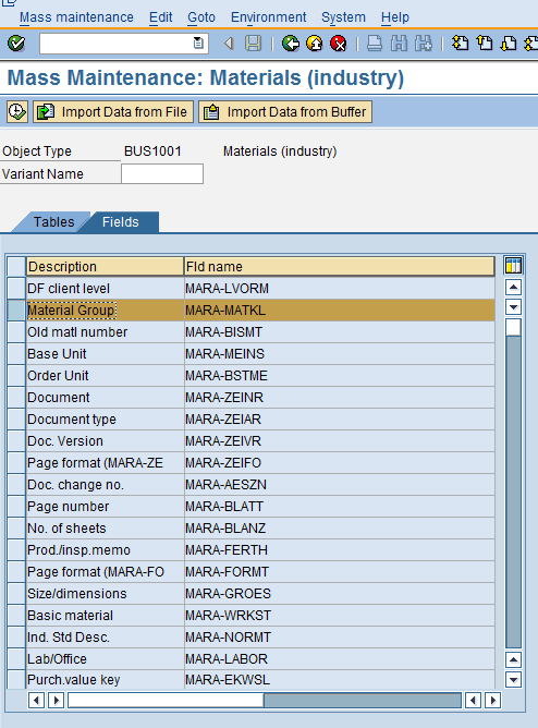 Bulk import of materials