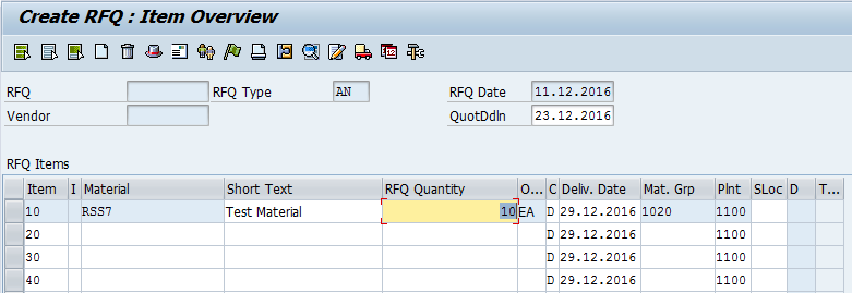 maak SAP-offerteaanvraag aan-lijst van RFQ-Items