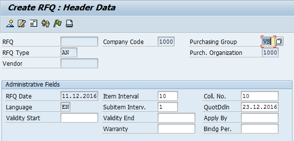 Create SAP Request for Quotation - Header - Enter Coll. No.