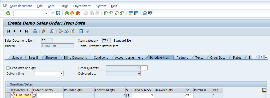 SAP SD Availability Check – Creating Sales Order – Schedule Lines