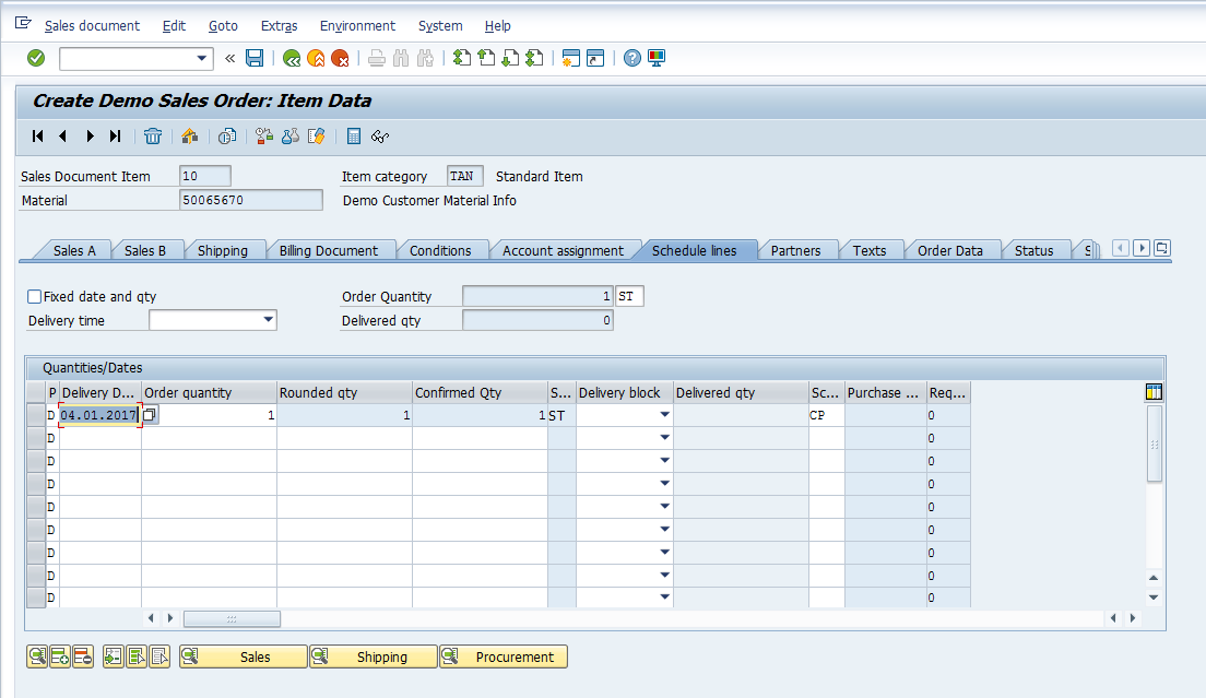 SAP SD Availability Check – Creating Sales Order – Item – Schedule Lines