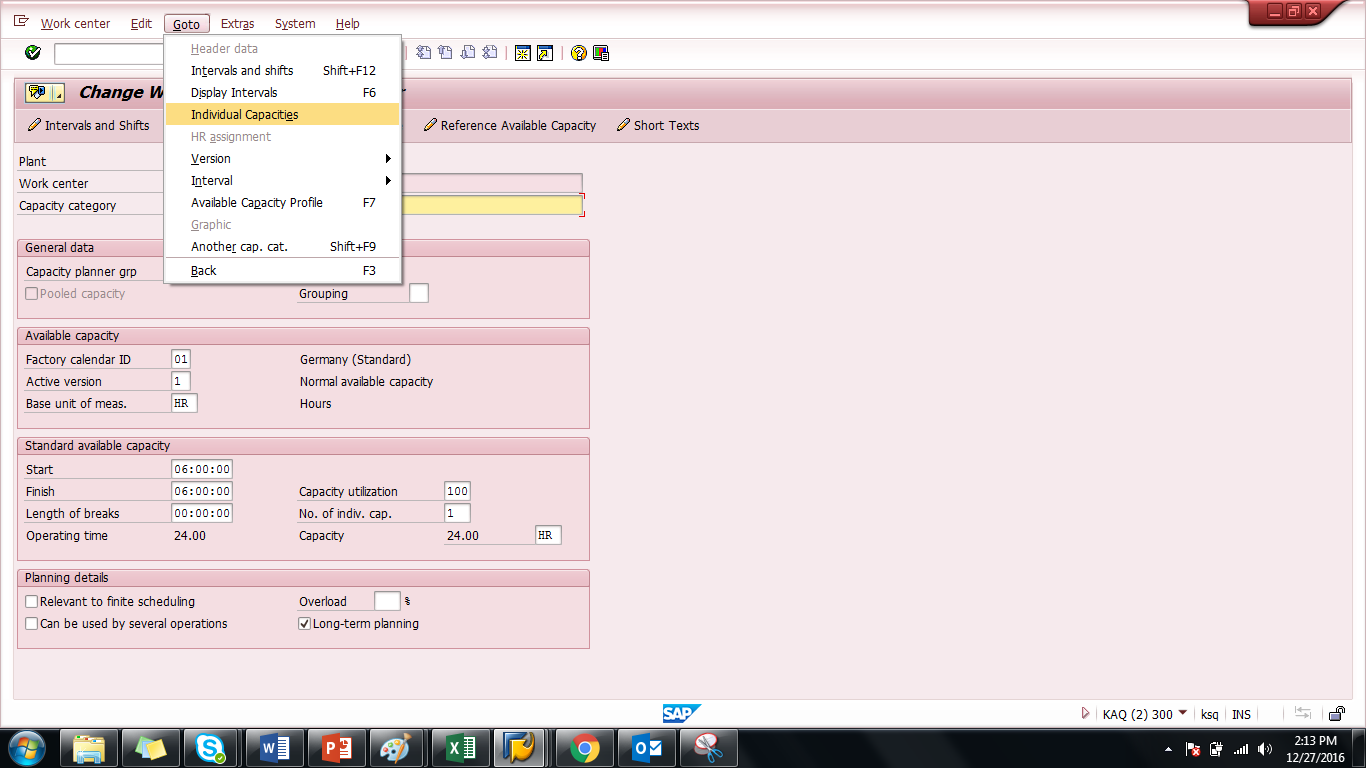 SAP Work Center Capacity Header – Go to Individual Capacities