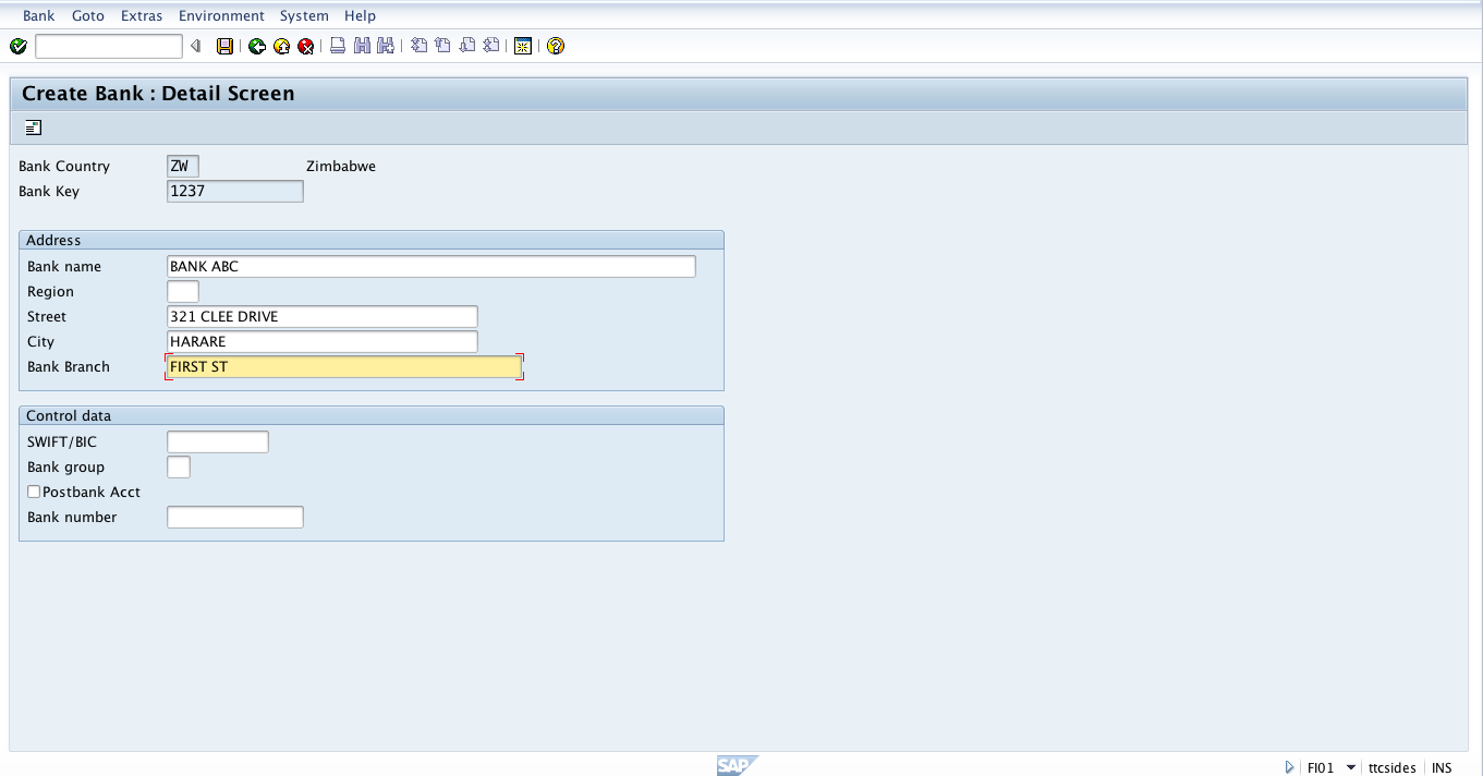 Details Screen of SAP Bank Master Record