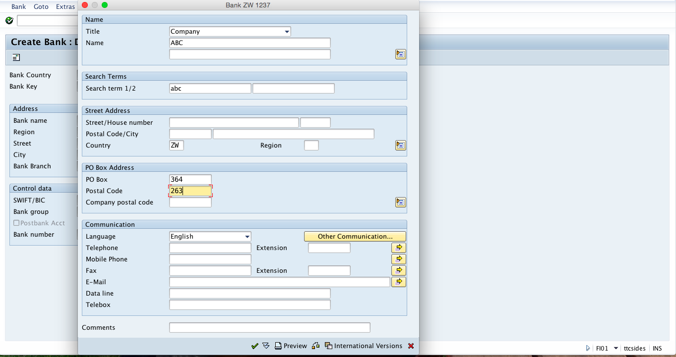 Addition Address Information for Bank Record