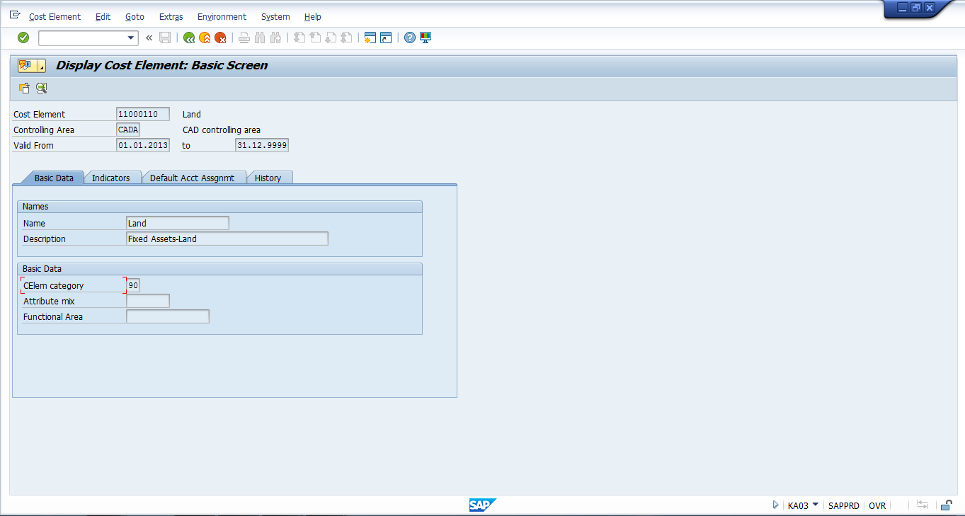 SAP Cost Element – Basic Screen