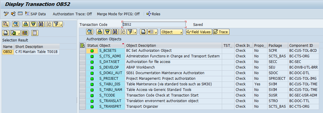 Check Authorization Default Values (Main Screen)