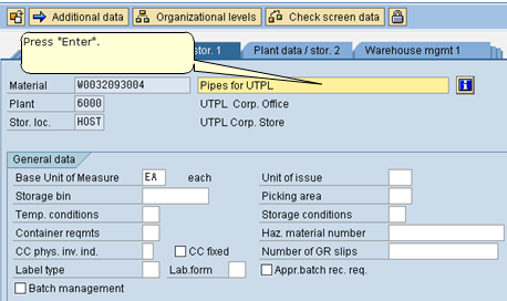 Create a Material - General Plant Data / Storage 1 View