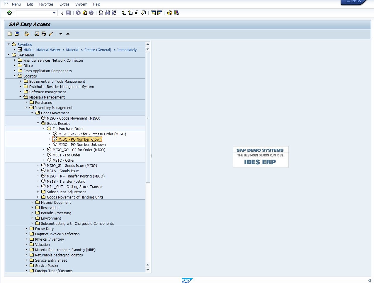 Path to SAP Goods Receipt Transaction (MIGO)