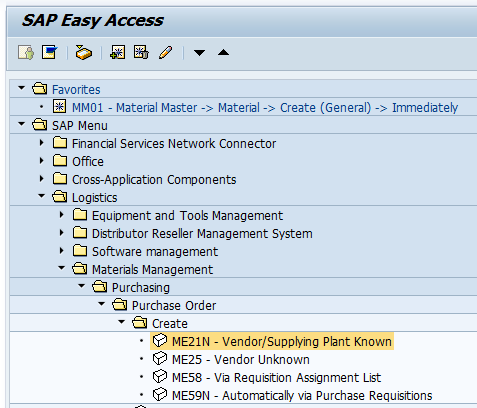 Create SAP Purchase Order Transaction Menu Path