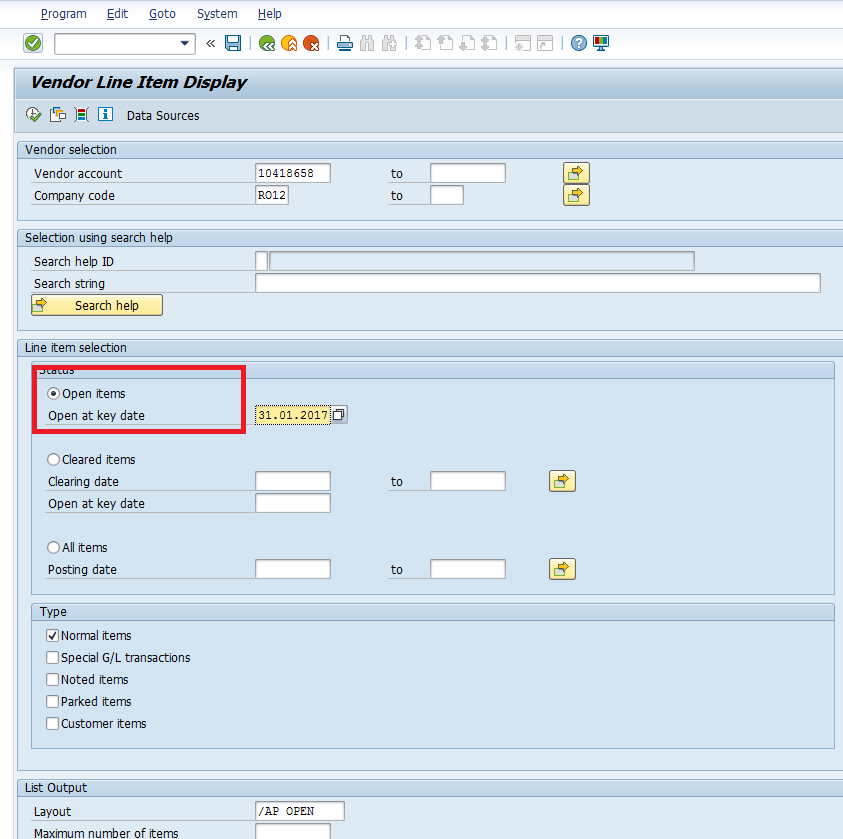 SAP Vendor Open Items Display