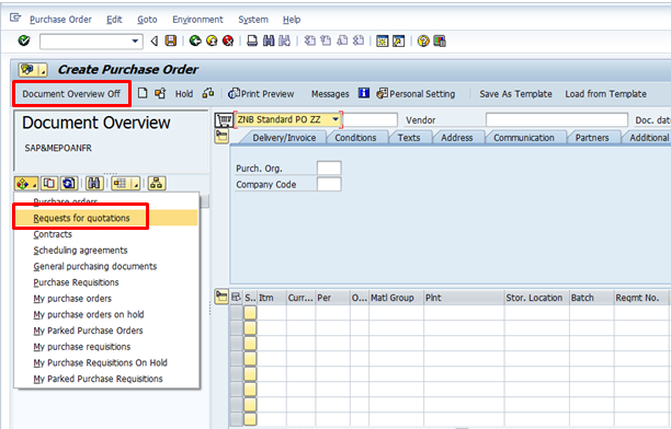 Document Overview in SAP PO Creation Screen