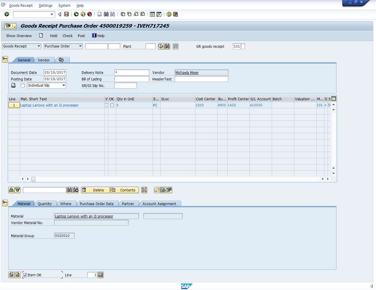 Goods Receipt for Purchase Order (Transaction MIGO)