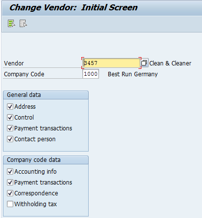 Change SAP Vendor Transaction – Initial Screen