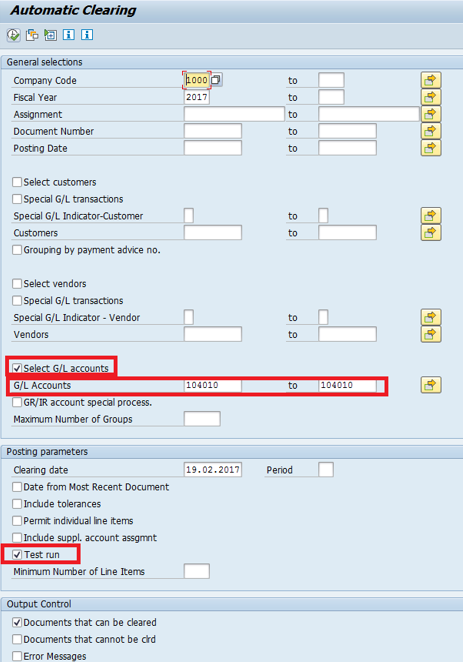 SAP Automatic Clearing – G/L Accounts – Initial Screen