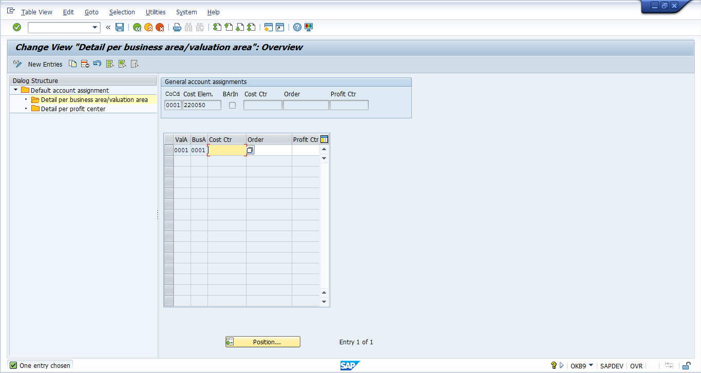 Transaction OKB9 – Details per Business Area / Valuation Area