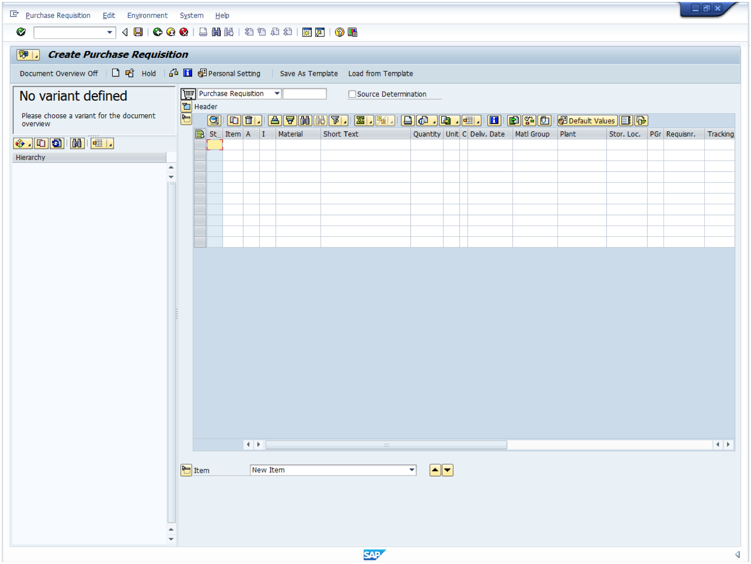 Create SAP Purchase Requisition Screen