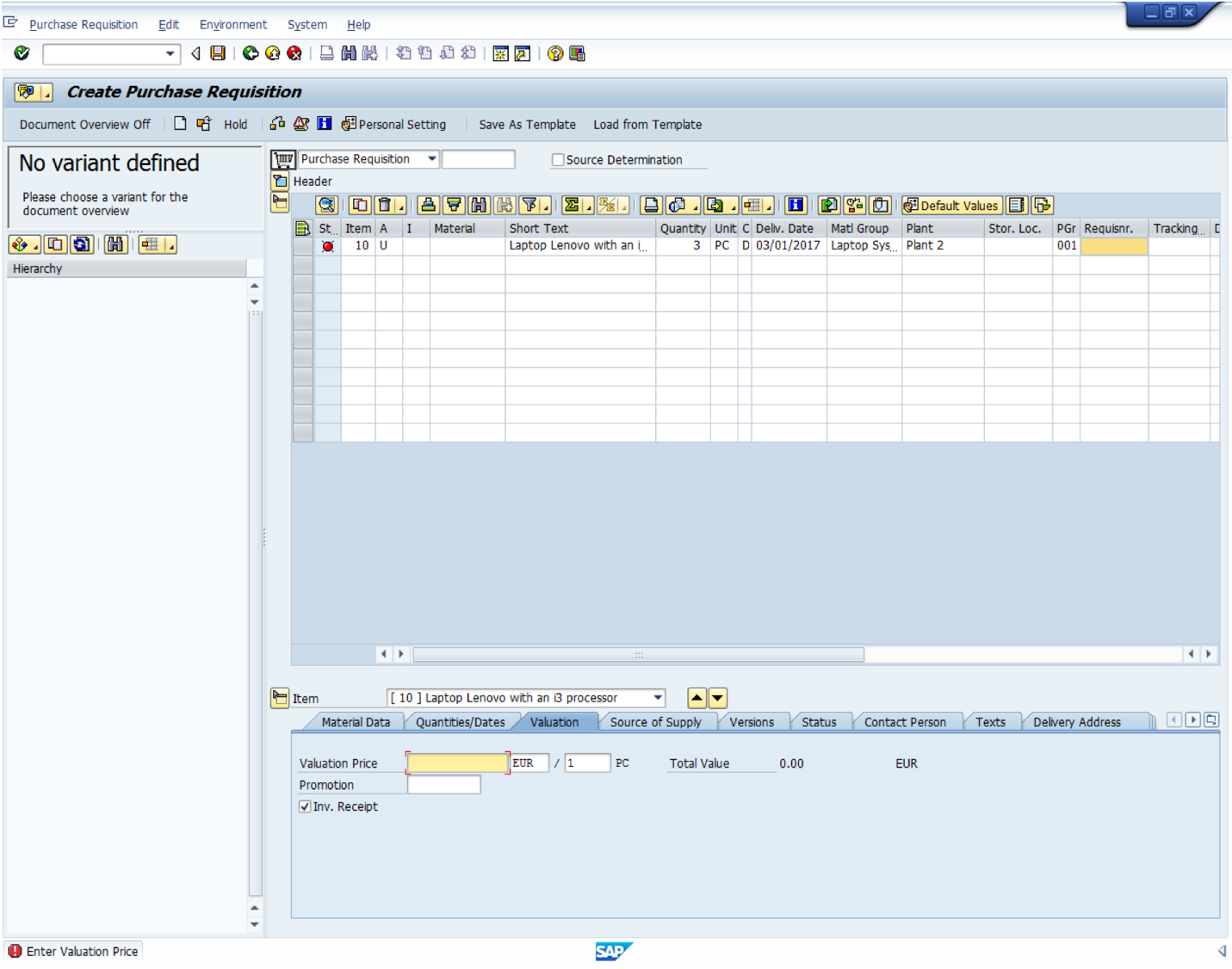Create SAP Purchase Requisition without a Material Master Record