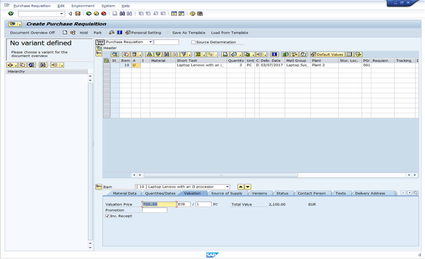 SAP Purchase Requisition Creation Screen after Entering the Valuation Price and Pressing on Enter