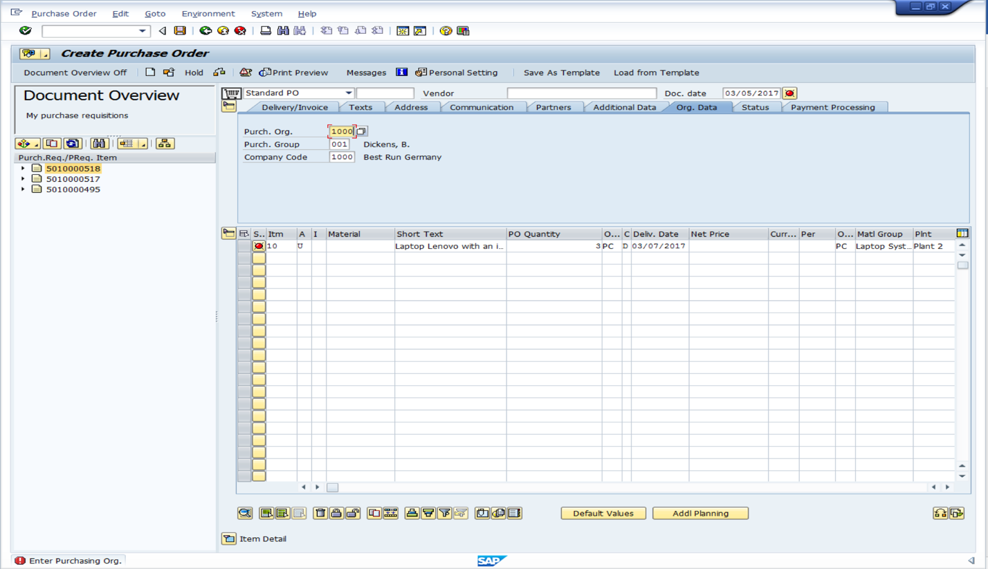 Select Purchase Requisition Number, then an Order Type and Enter a Purchase Organization