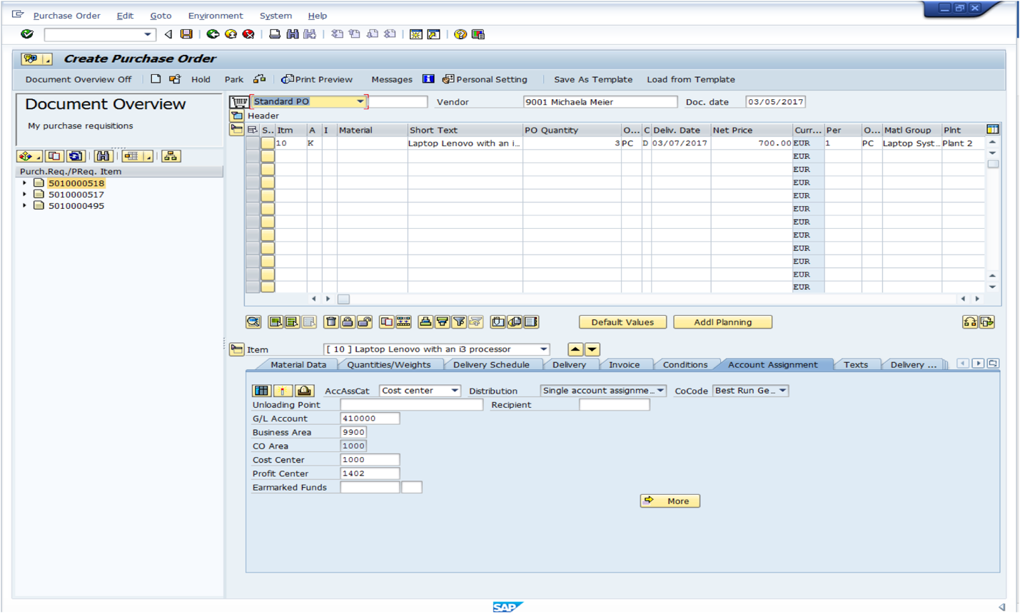 account assignment purchase order table sap