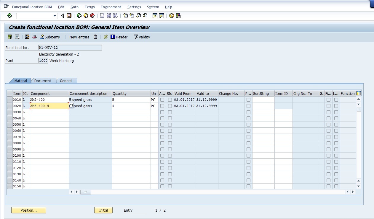 Components Details Screen of SAP Functional Location BOM