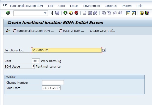 Functional Location BOM Creation Initial Screen
