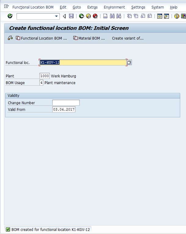 Confirmation of Creation of Functional Location BOM