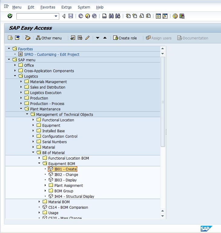 SAP Easy Access Menu – Create Equipment BOM