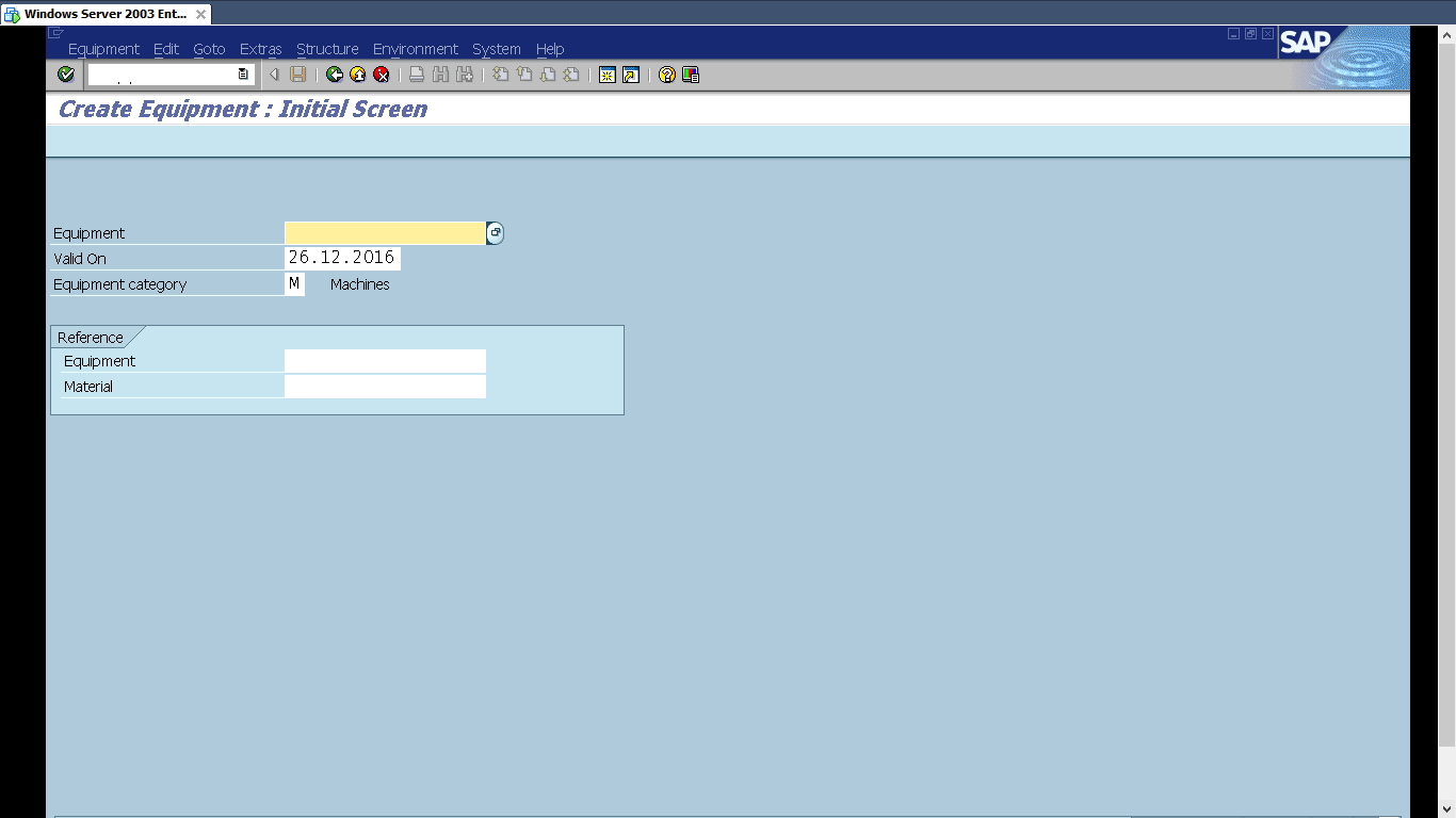 Create SAP Equipment: Initial screen; Transaction Code - IE01