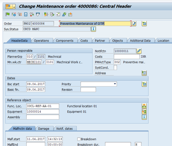 SAP Maintenance Order