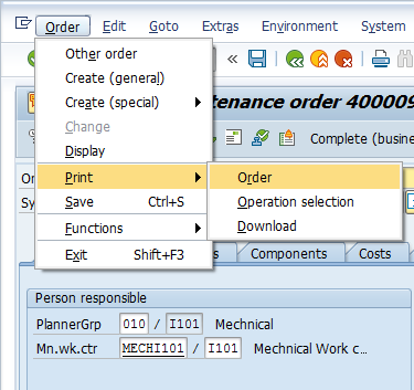 SAP Maintenance Order – Print Menu
