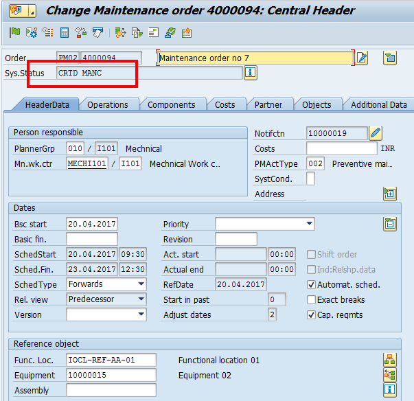 SAP Maintenance Order (Not Released)