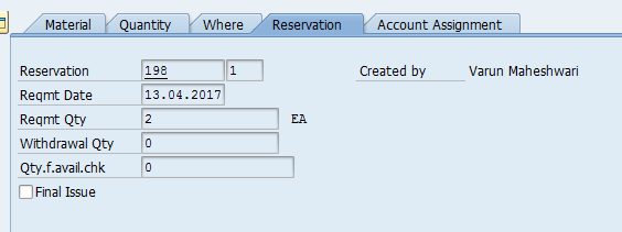 Goods Issue: Reservation Tab