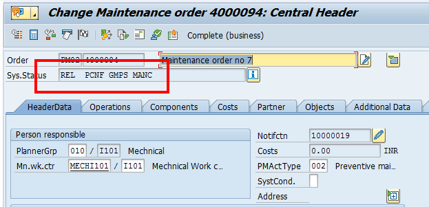 SAP Plant Maintenance Order: Header Data