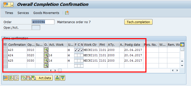 SAP Overall Confirmation – List of Operations