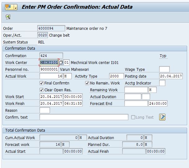 SAP PM Order Confirmation