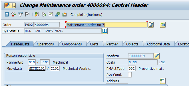 SAP Plant Maintenance Order – Central Header