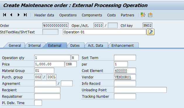 Create Maintenance Order: External Tab Page