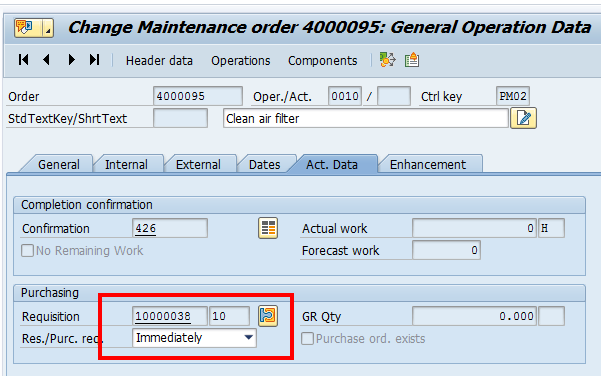 Create Maintenance Order: Actual Data Tab