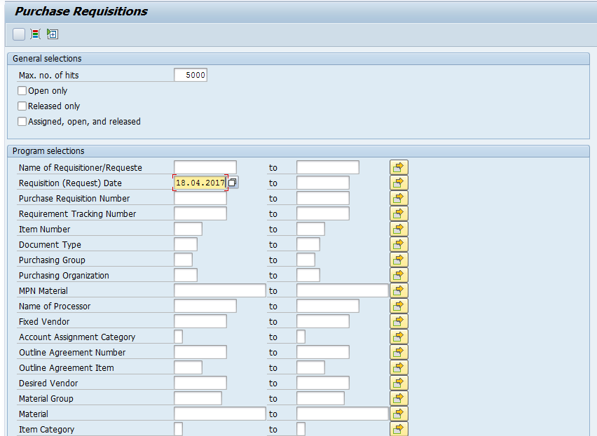 Create SAP Purchase Order: Purchase Requisition Filter