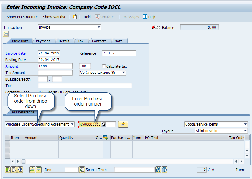 Enter Invoice Against SAP Purchase Order