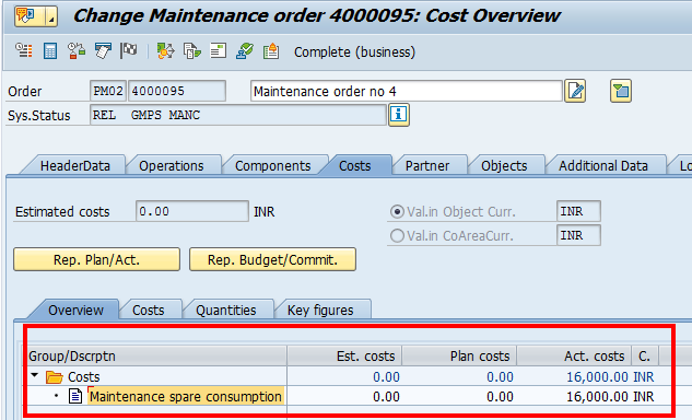 Change Maintenance Order: Costs Tab