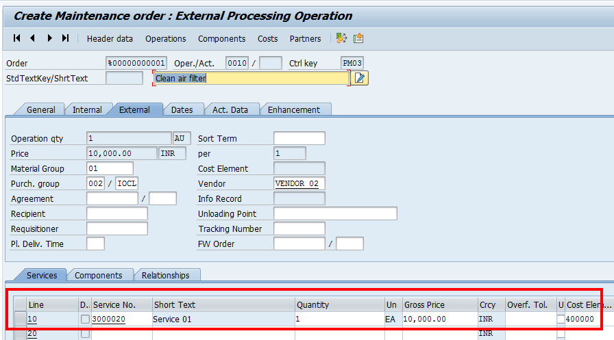 Create Maintenance Order: Services