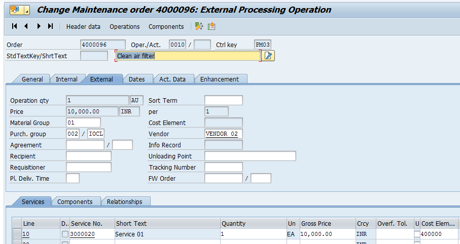Create Maintenance Order: External Processing Operation