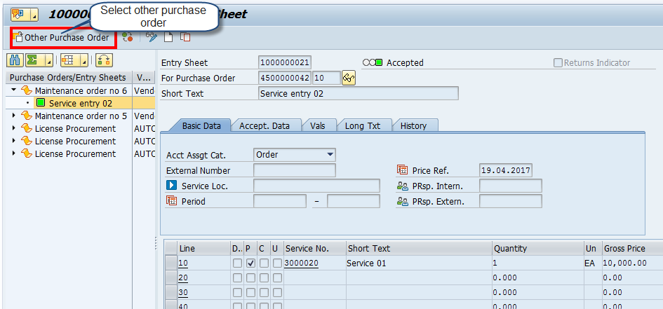 Service Entry Sheet – Initial Screen