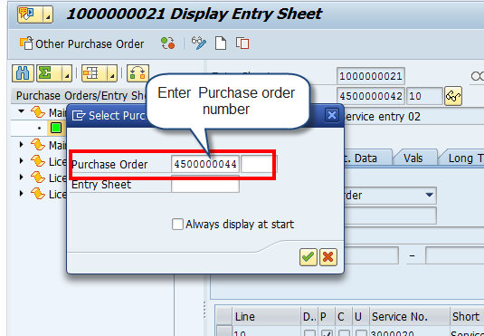 Service Entry Sheet – Select Purchase Order