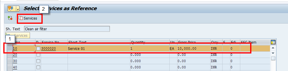 Service Entry Sheet: Select Services Button