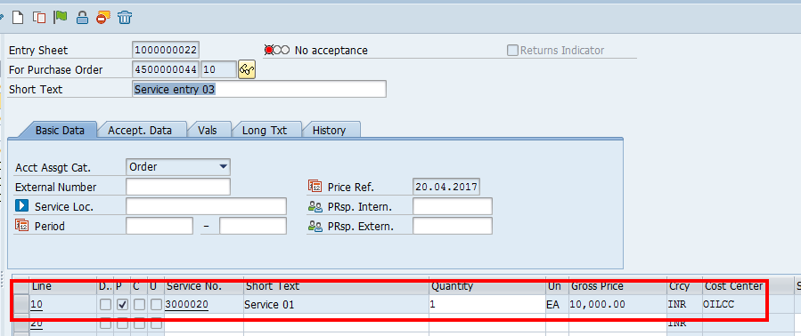 Service Entry Sheet – The Information was Copied