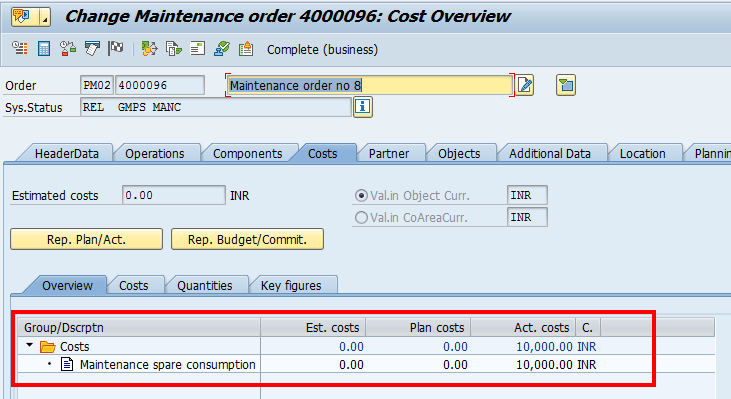 Maintenance Order – Costs Tab